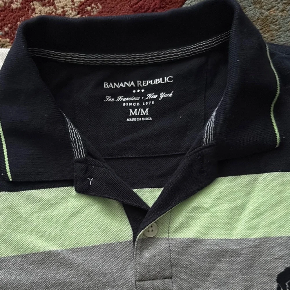 Banana Republic Navy, Light Green, Gray and White Striped Polo